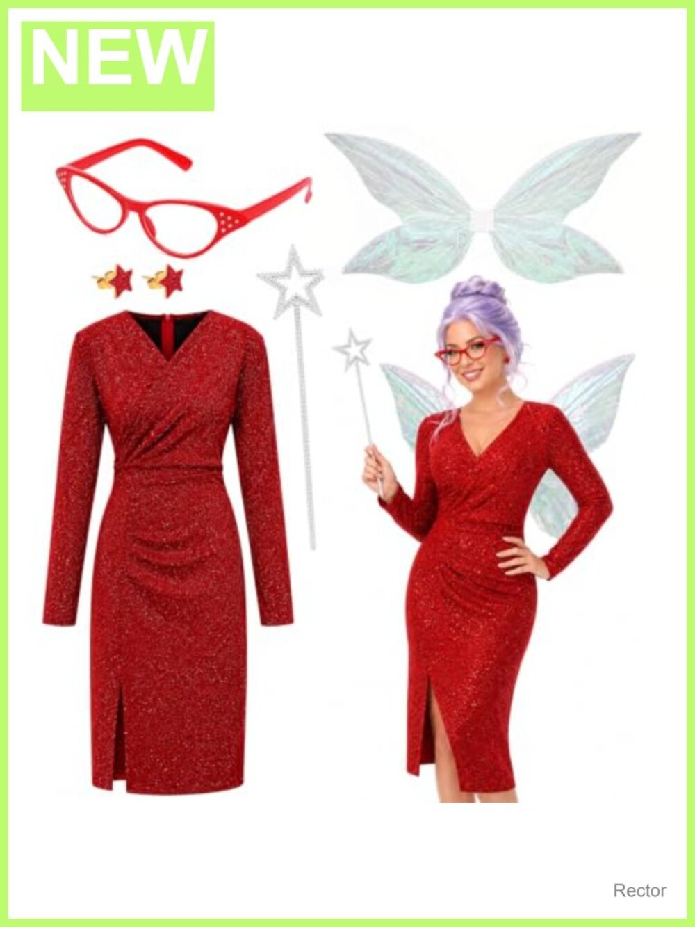 Red Glitter Fairy Costume Set with Wings Wand Glasses Earrings